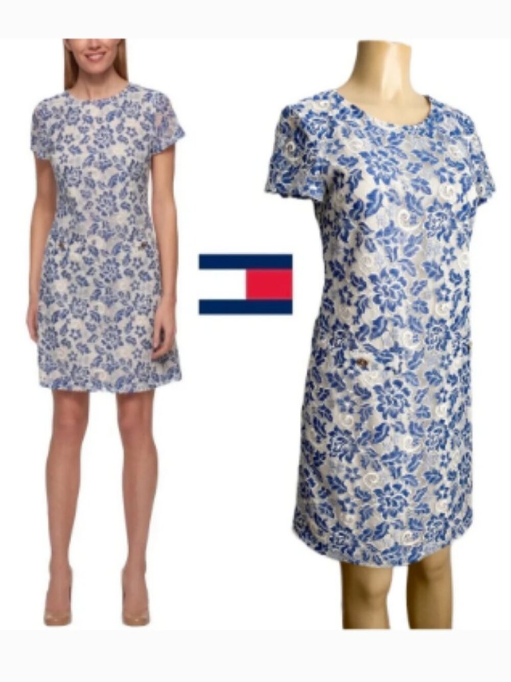 Tommy Hilfiger Size 8 Blue White Floral Lace Dress Shift Short Sleeve Mini EUC